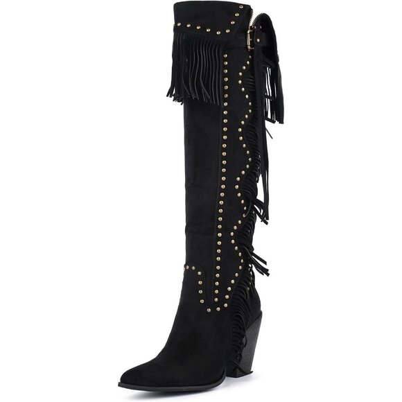 Women's Black Suede Pull On Classic Fringe Boots Knee High Boho Western Boots - Picture 4 of 7